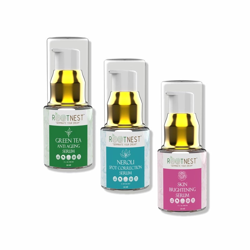 Rootnest Skin care kit with Green Tea Anti Ageing serum for face  Neroli Spot Correction serum for face  Skin Brightening serum for face  20ml - Image 1