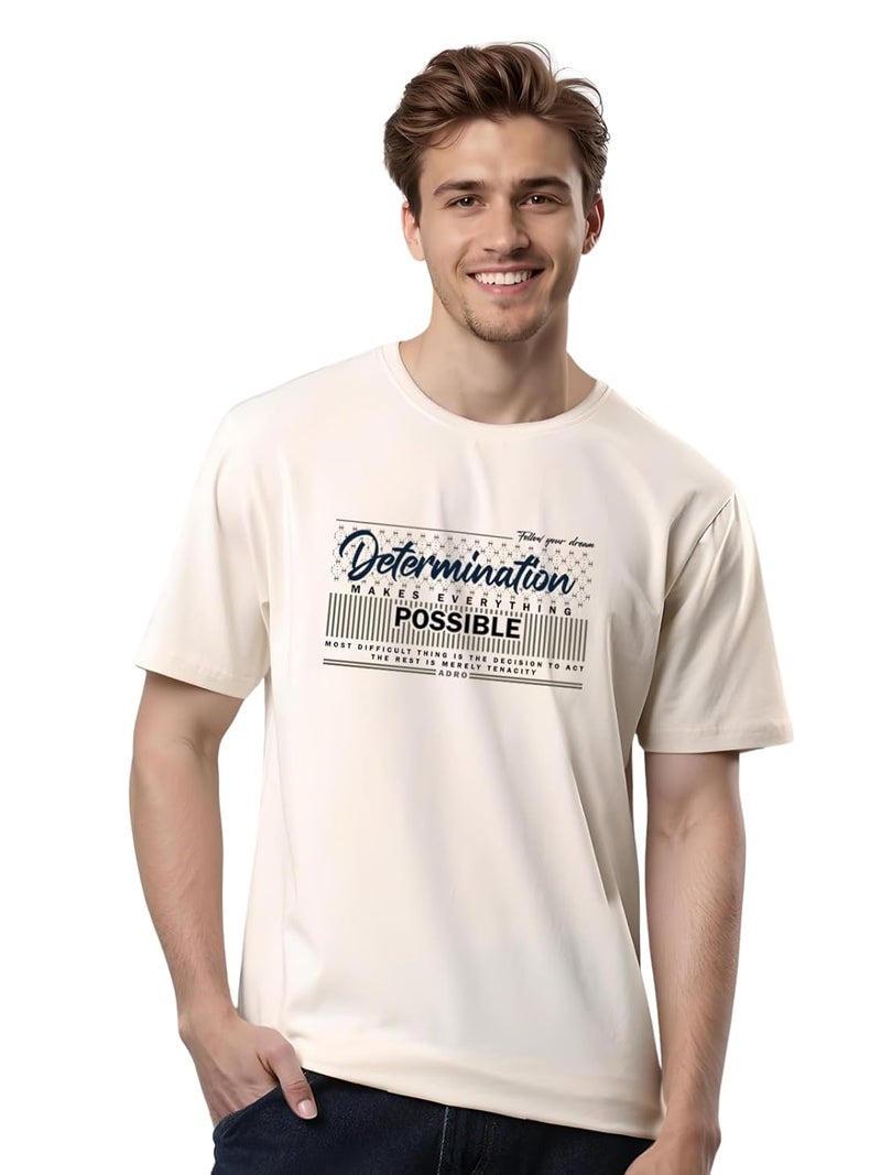 ADRO Men's Printed T-Shirt in White Sand - Premium Lycra Cotton Regular Fit - Image 1