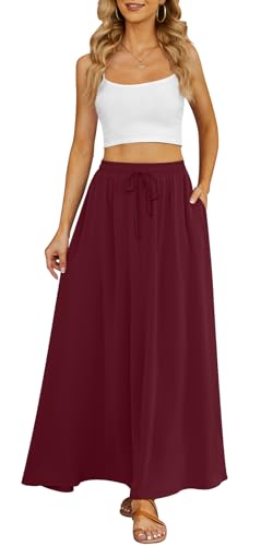 Yincro Women's Flowy Maxi Skirt Summer Pleated High Waisted Casual Long Skirts with Pockets (Wine Red, M) - Image 3