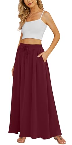 Yincro Women's Flowy Maxi Skirt Summer Pleated High Waisted Casual Long Skirts with Pockets (Wine Red, M) - Image 5
