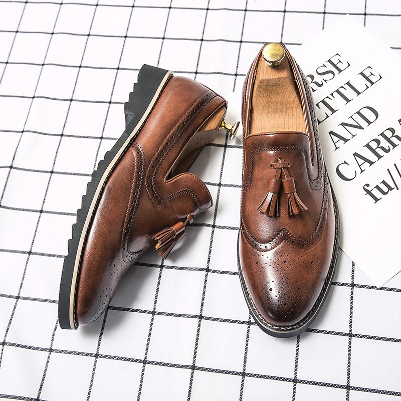 Brogue Casual Beanie Shoes For Boys Korean Style Trendy British Formal Black Leather Shoes Slip-On Slip-Ons - Image 1