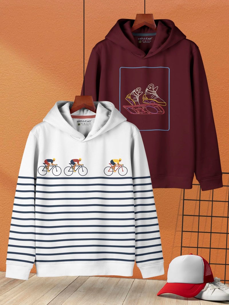 HELLCAT Trendy Printed Cotton Blend Hoodie Sweatshirt for Boys - Pack of 2_White2/Burgundy_13-14 Years - Image 2