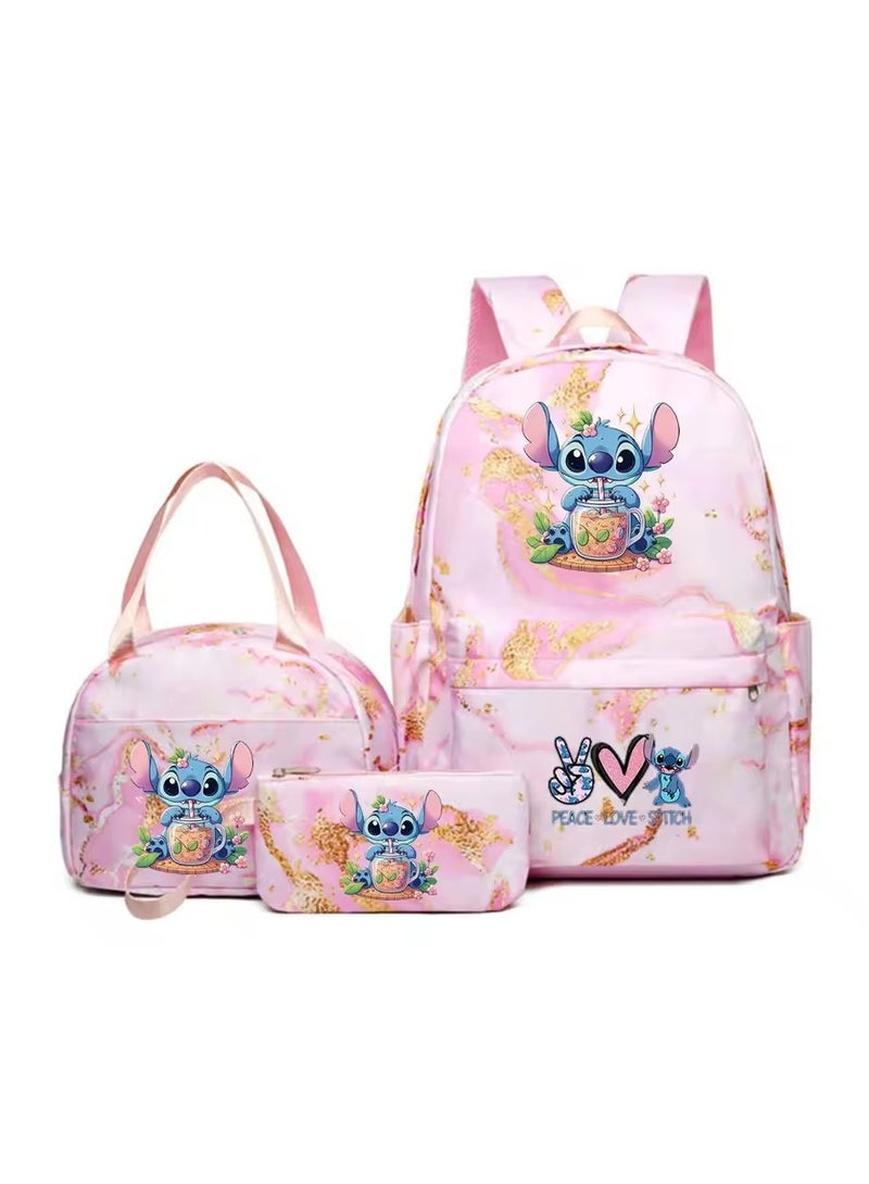 ستيتش حقيبة مدرسية مقاومة للماء بتصميم رمال متحركة ذهبية اللون من ستيتش، مناسبة للمرحلة الابتدائية والإعدادية، حقيبة ظهر للسفر للشباب، مقاس 31*43*15 سم، حقيبة غداء مقاس 27*20*20 سم، حقيبة أقلام رصاص، طقم من ثلاث قطع - Image 1