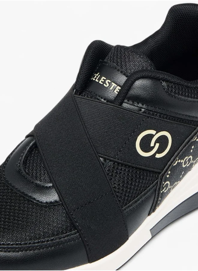 Celeste Womens Monogram Print Slip-On Sneakers With Wedge Heels