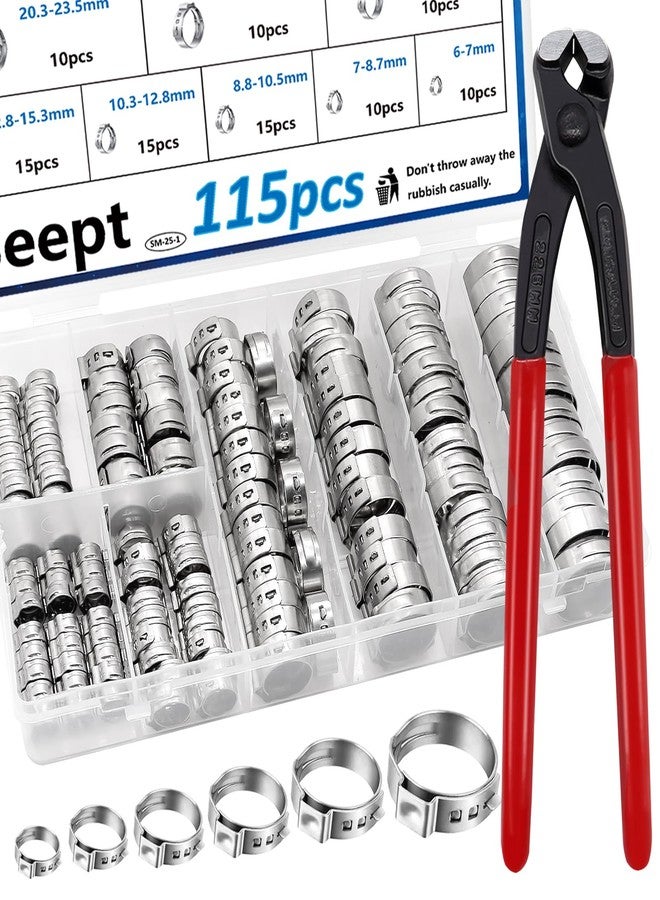 Seept 115PCS 6-28.6mm Single Ear Hose Clamps with Ear clamps plier 10-Sizes Crimp Hose Clamps for Auto,Home, Appliance, Pipe, Fuel Line Stepless Hose clamp with Crimp Clamps pincer - Image 1