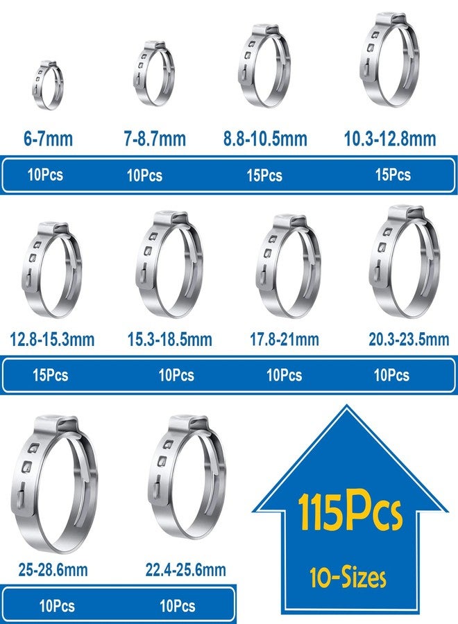 Seept 115PCS 6-28.6mm Single Ear Hose Clamps with Ear clamps plier 10-Sizes Crimp Hose Clamps for Auto,Home, Appliance, Pipe, Fuel Line Stepless Hose clamp with Crimp Clamps pincer - Image 2