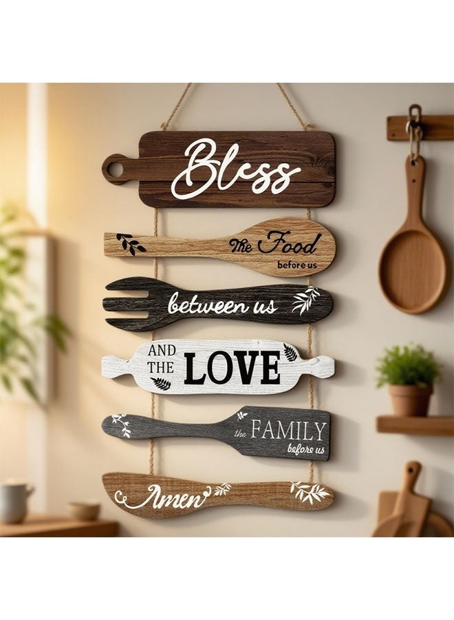 Bless The Food Before Us Sign, Farmhouse Kitchen Wall Decor, Rustic Dining Room Wall Art, Wooden Blessing Hanging Sign, Hanging Art Kitchen Fork and Spoon Wall Decor, Collage Art Wooden Rustic Country Vintage Kitchen Hanging Wood Signs, Vintage Rustic Plaque for Home, Kitchen and Farmhouse Spaces (Natural Wood) - Image 1