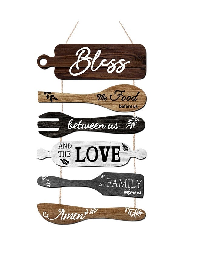 Bless The Food Before Us Sign, Farmhouse Kitchen Wall Decor, Rustic Dining Room Wall Art, Wooden Blessing Hanging Sign, Hanging Art Kitchen Fork and Spoon Wall Decor, Collage Art Wooden Rustic Country Vintage Kitchen Hanging Wood Signs, Vintage Rustic Plaque for Home, Kitchen and Farmhouse Spaces (Natural Wood) - Image 3