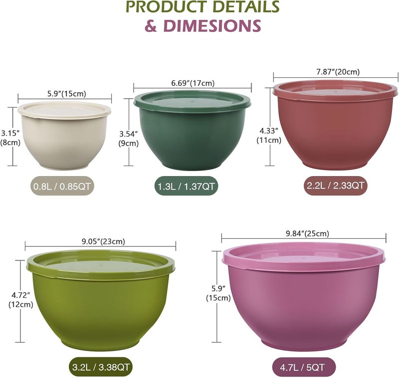 Greentainer Plastic Mixing Bowls Set with Lids, Nesting Bowls for Prepping, Serving, Cooking & Baking, Large Mixing Salad Bowl for Kitchen Storage, Dishwasher & Microwave Safe, Set of 5(Purple) - Image 2