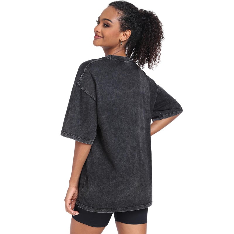 KEEPSHOWING Womens Vintage Oversized T Shirts Acid Washed Baggy Cotton Tee Casual Workout Boyfriend Short Sleeve Tops(Beige/Coffee/Black S) - Image 4