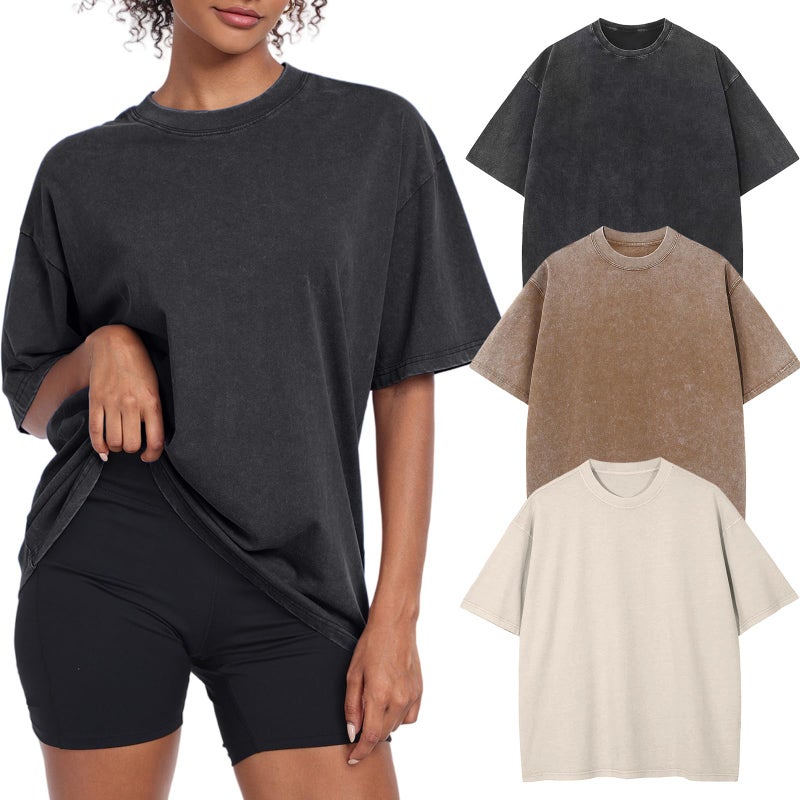 KEEPSHOWING Womens Vintage Oversized T Shirts Acid Washed Baggy Cotton Tee Casual Workout Boyfriend Short Sleeve Tops(Beige/Coffee/Black S) - Image 1