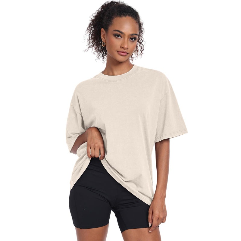 KEEPSHOWING Womens Vintage Oversized T Shirts Acid Washed Baggy Cotton Tee Casual Workout Boyfriend Short Sleeve Tops(Beige/Coffee/Black S) - Image 2