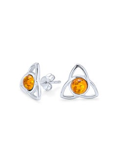Bff Irish Triquetra Celtic Trinity Love Knot Orange Amber Gemstone Stud Earrings For Women Teen .925 Sterling Silver Polished Finish (13Mm)