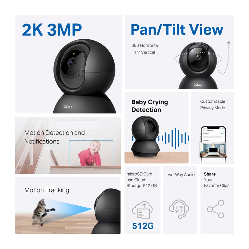 Tapo 2K Indoor Pan/Tilt Wired Security Camera - Works as a Baby Monitor & Pet Camera, Motion Detection, 2-Way Audio, Siren, Night Vision, No-Subscription Local Storage or Optional Cloud, C211 (2-Pack) - Image 2