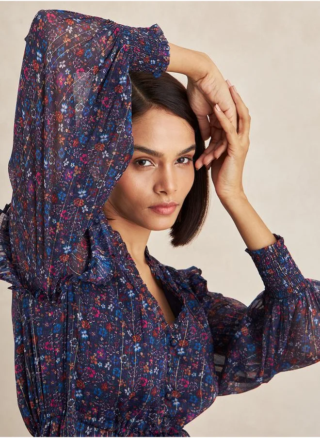 FEMELLA Lurex Floral Print Button Down Midi Dress by Styli