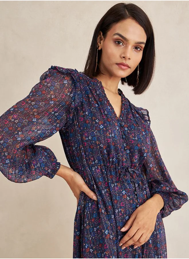 FEMELLA Lurex Floral Print Button Down Midi Dress by Styli