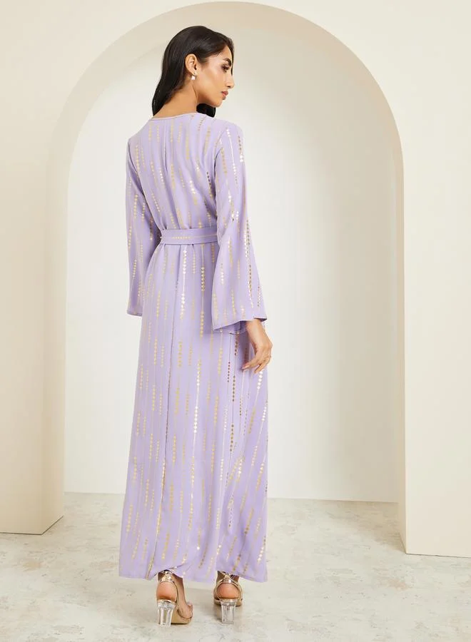 Amirah  Women Foil Print Jalabiya with Tassel Trim Belt for Women | Best Price UAE