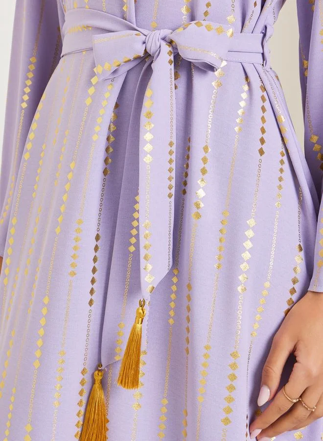 Amirah  Women Foil Print Jalabiya with Tassel Trim Belt for Women | Best Price UAE