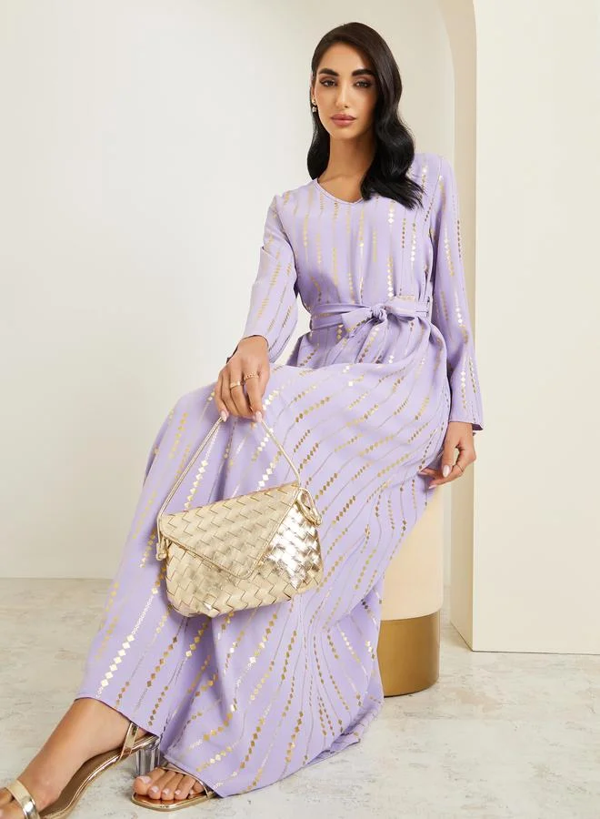 Amirah  Women Foil Print Jalabiya with Tassel Trim Belt for Women | Best Price UAE