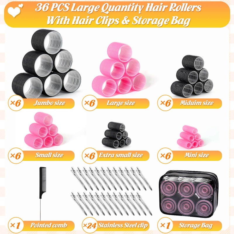 Tetutor 6 Size Hair Rollers for Women, 62 Pcs Rollers Hair Curlers for Blowout Look Long Medium Short Hair, Jumbo Large Medium Small Self Grip Curlers with 36 Roller 24 Clips 1 Storage Bag - Image 3