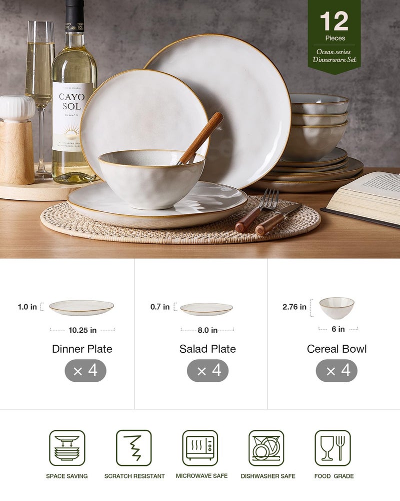 Famiware Dinnerware Sets for 4, Ocean Round 12-Piece Kitchen Plates and Bowls Sets, Reactive Glaze, Microwave and Dishwasher Safe, Scratch Resistant, Cappuccino White - Image 2
