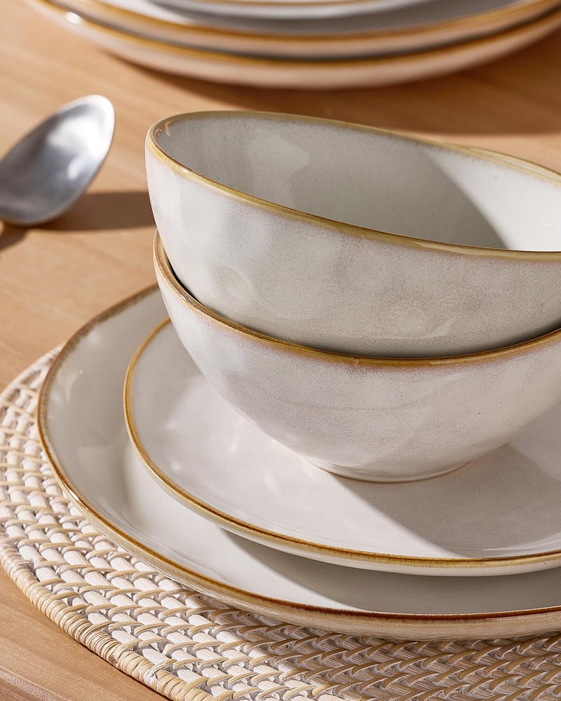 Famiware Dinnerware Sets for 4, Ocean Round 12-Piece Kitchen Plates and Bowls Sets, Reactive Glaze, Microwave and Dishwasher Safe, Scratch Resistant, Cappuccino White - Image 4