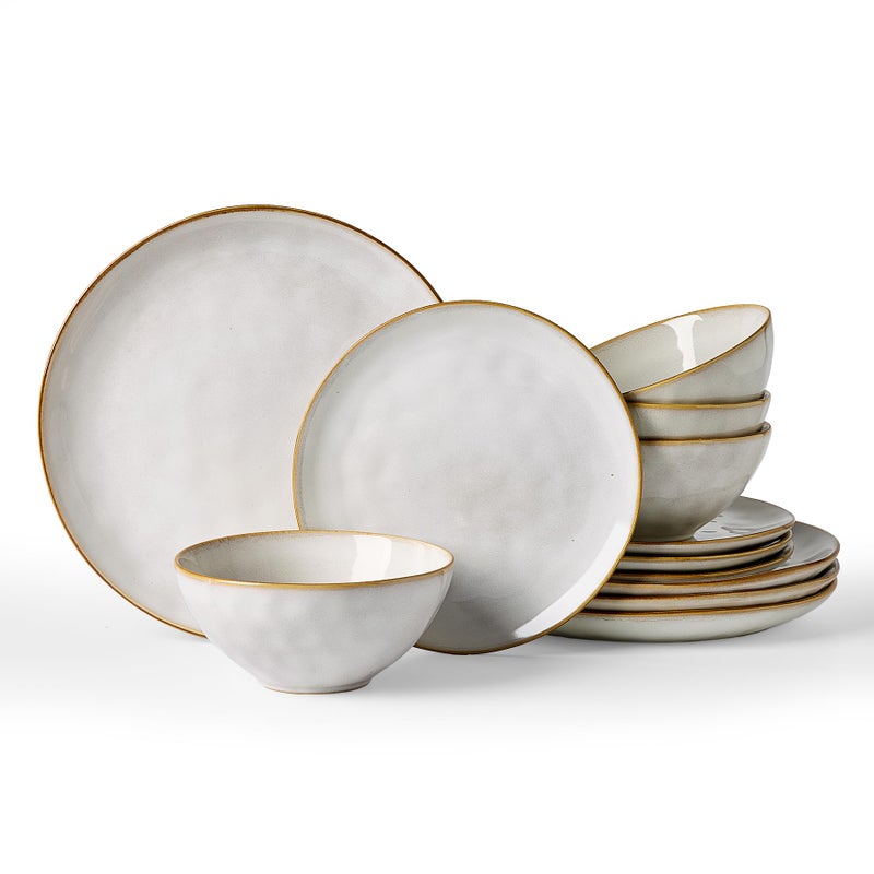 Famiware Dinnerware Sets for 4, Ocean Round 12-Piece Kitchen Plates and Bowls Sets, Reactive Glaze, Microwave and Dishwasher Safe, Scratch Resistant, Cappuccino White - Image 1