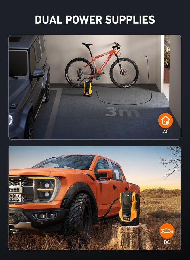 AstroAI AC/DC Tire Inflator Portable Air Compressor for Car, Air Pump for Car Tires, Car Accessories 150PSI with LED Light for Cars, Balls, Motorcycles, and Other CZK-3666 Yellow - Image 2