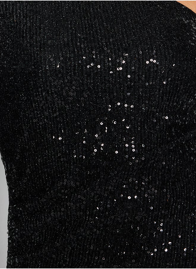 trendyol - Black Single Sleeve Knitted Sequin Elegant Evening Dress TPRAW24EL00288 - Image 1
