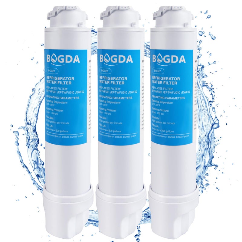 فلتر مياه BOGDA مناسب لاستبدال EPTWFUO1 FrigiDaire 3 قطع متوافق مع PureSource Ultra 2 EWF02 012505454226 4562222 متعدد الترشيح ومياه شرب نقية بيضاء