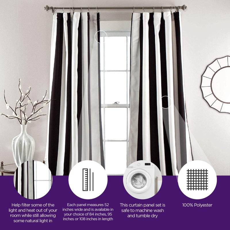Lush Decor, Black Wilbur Stripe Light Filtering Window Curtain Panel Pair, 108" x 52", 52" W x 108" L - Image 2