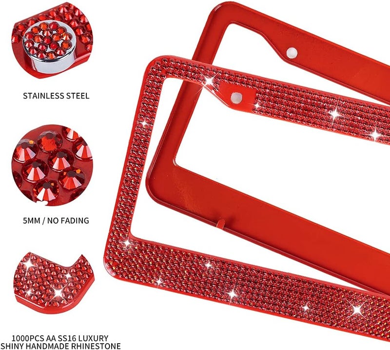 MIUINCY 2Pack Red Rhinestone License Plate Frame with Gift Box - Image 3