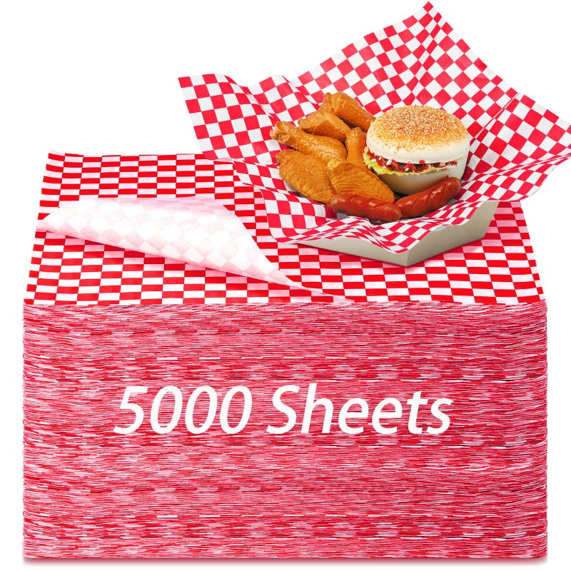 Sieral 5000 Sheets Sandwich Wrap Sheet 12 x 12 Inch Wax Paper Bulk Fast Food Basket Liners Disposable Parchment Paper Grease Resistant for Party Restaurant WrappingRed White
