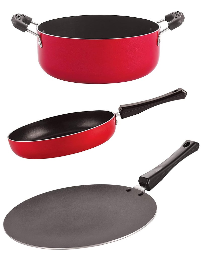 Nirlon Nirlon Non Stick Coated Heat Resistance Pfoa Free Aluminium Kitchenware Gift Set fer,3 Pieces (Red & Black) (CT12_FP11_CS24)  - Image 1