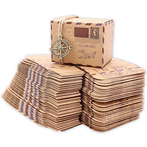 Floratek 50 PCS Wedding Candy Boxes Party Favors - New Stamp Design Vintage Kraft Paper Chocolate Packaging Gift Box for Baby Shower Guests (New Stamp) - Image 1
