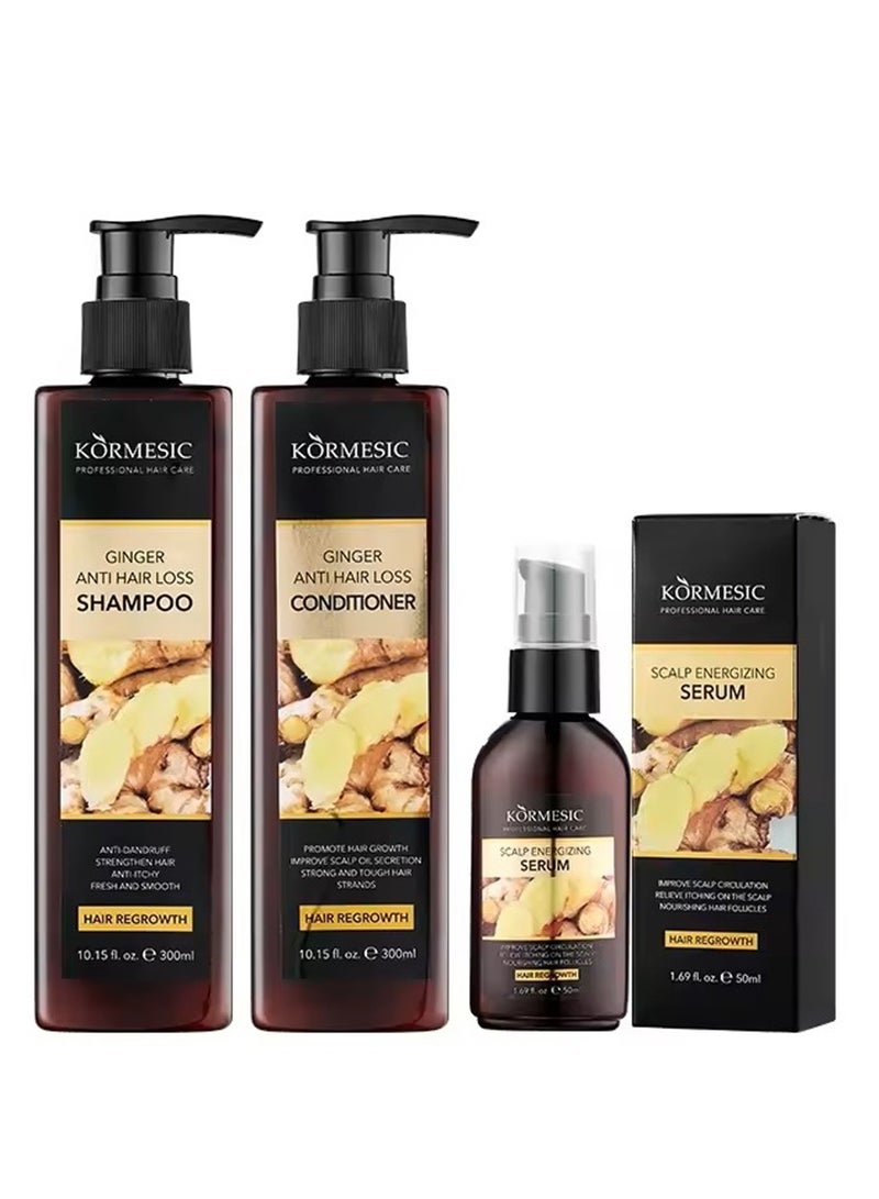 Kormesic مجموعة شامبو وبلسم وسيروم الزنجبيل المضاد لتساقط الشعر والقشرة منعش، مضاد للقشرة، مغذي، مضاد للحكة إصلاح الشعر والترطيب التحكم في الزيت