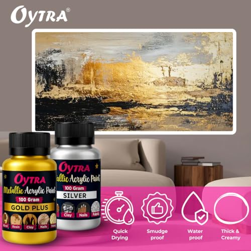Oytra Metallic Acrylic Paint Gold and Silver Metal Color Art Set for Professionals Artist Hobby Painters Diy Art and Craft Painting Drawing on Canvas Jewellery Wall Glass Wood Steel Surfaces - Image 5