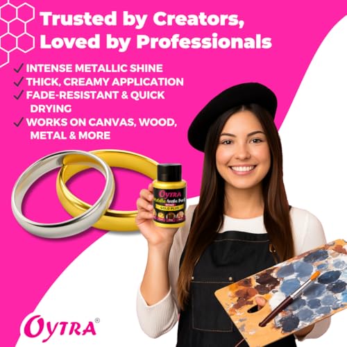 Oytra Metallic Acrylic Paint Gold and Silver Metal Color Art Set for Professionals Artist Hobby Painters Diy Art and Craft Painting Drawing on Canvas Jewellery Wall Glass Wood Steel Surfaces - Image 3