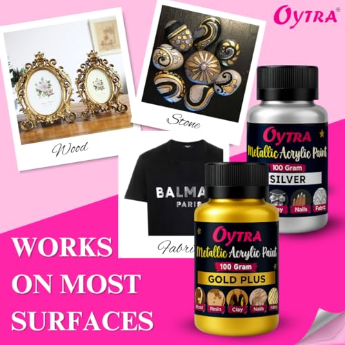 Oytra Metallic Acrylic Paint Gold and Silver Metal Color Art Set for Professionals Artist Hobby Painters Diy Art and Craft Painting Drawing on Canvas Jewellery Wall Glass Wood Steel Surfaces - Image 4