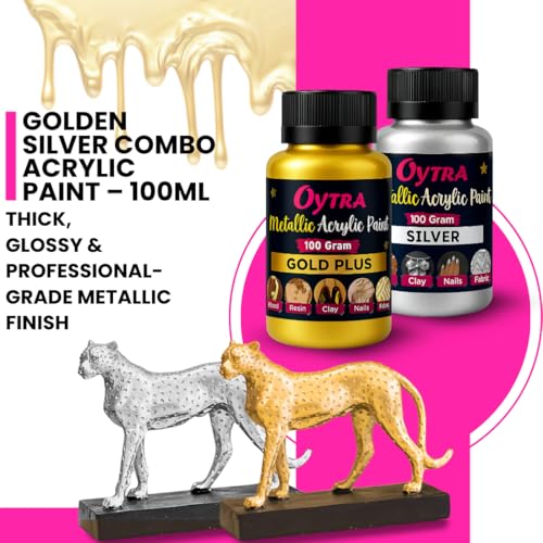 Oytra Metallic Acrylic Paint Gold and Silver Metal Color Art Set for Professionals Artist Hobby Painters Diy Art and Craft Painting Drawing on Canvas Jewellery Wall Glass Wood Steel Surfaces - Image 2