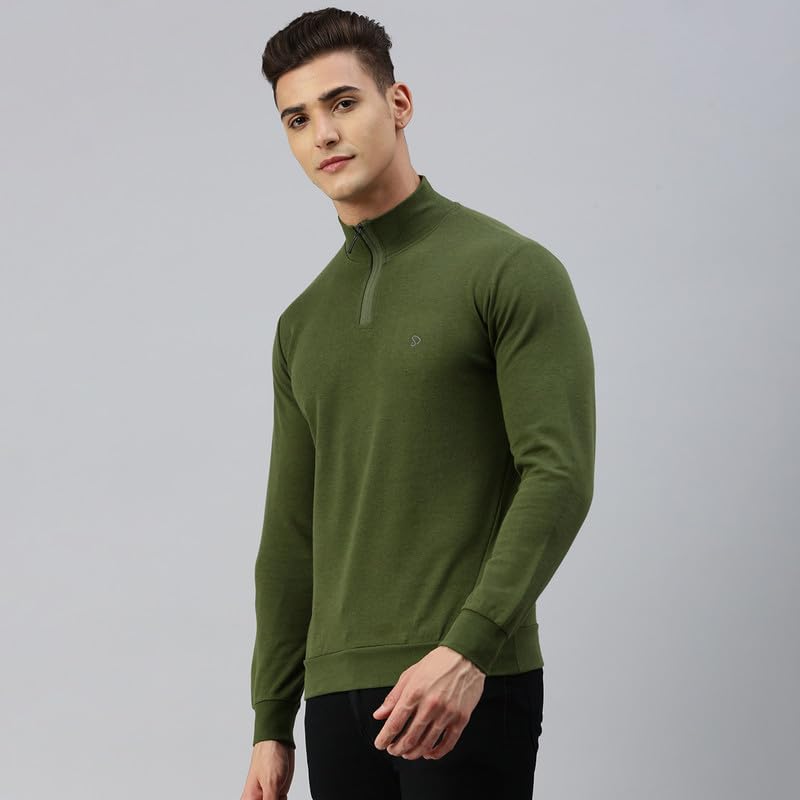 sporto Men's Mock Neck, Full Sleeve, Slim Fit Cotton T-Shirt | (Color Variant) Olive - Image 3