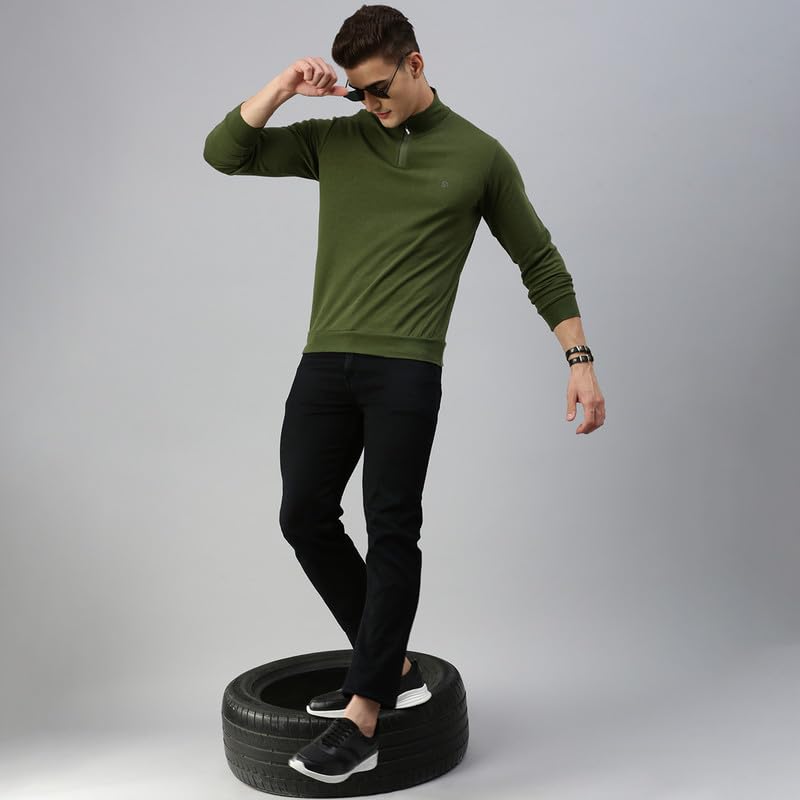 sporto Men's Mock Neck, Full Sleeve, Slim Fit Cotton T-Shirt | (Color Variant) Olive - Image 5
