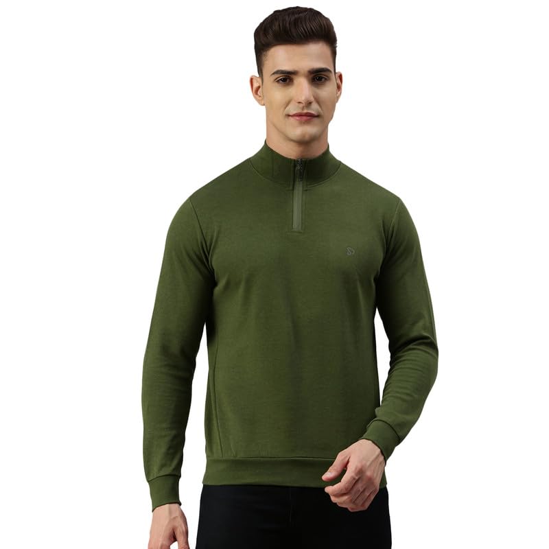 sporto Men's Mock Neck, Full Sleeve, Slim Fit Cotton T-Shirt | (Color Variant) Olive - Image 1