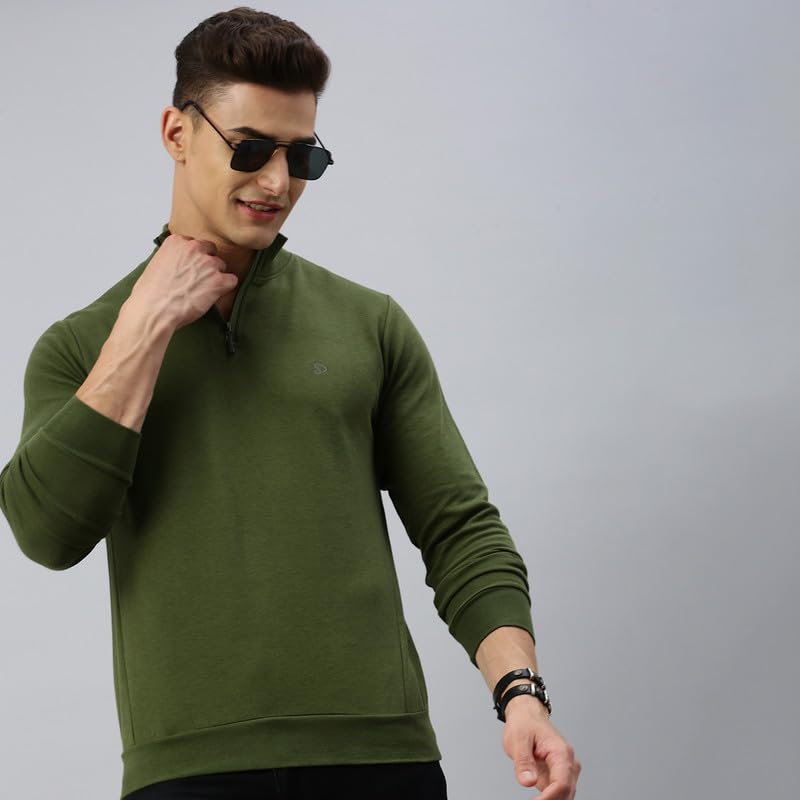 sporto Men's Mock Neck, Full Sleeve, Slim Fit Cotton T-Shirt | (Color Variant) Olive - Image 2