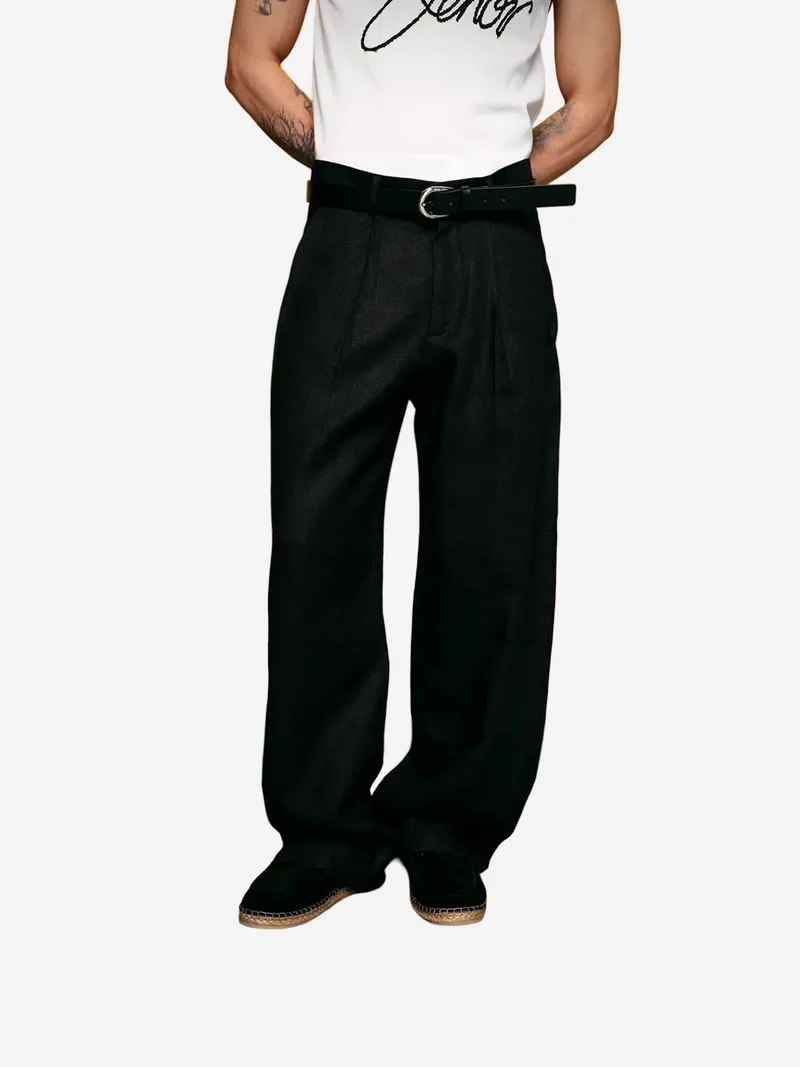 Giesto Black GIESTO Pleated Linen Straight Leg Pants for Men | Best Price UAE