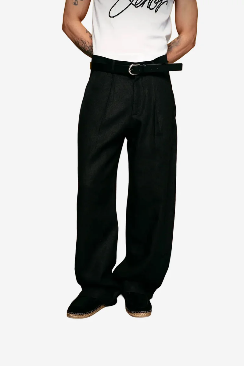 Giesto Black GIESTO Pleated Linen Straight Leg Pants for Men | Best Price UAE