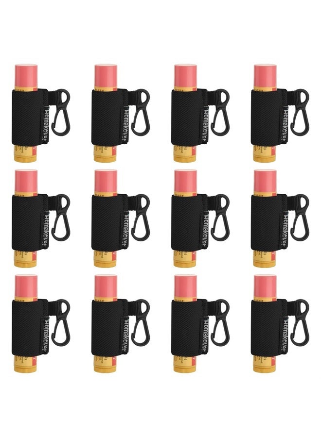Homakover 12 Pack Compact Clip-On Chapstick Holder Keychain in 12 Colors,Lip Balm Sleeves with Clip, Fits Most Standard Lip Balm,Tight-Knit Elastic Lip Balm Keychain Holder (Black) - Image 1