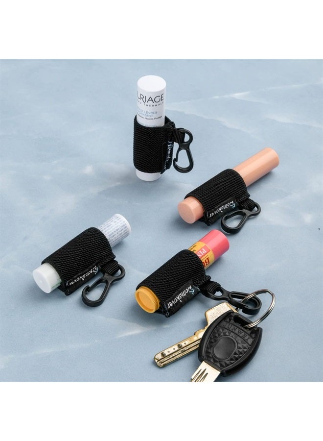 Homakover 12 Pack Compact Clip-On Chapstick Holder Keychain in 12 Colors,Lip Balm Sleeves with Clip, Fits Most Standard Lip Balm,Tight-Knit Elastic Lip Balm Keychain Holder (Black) - Image 3