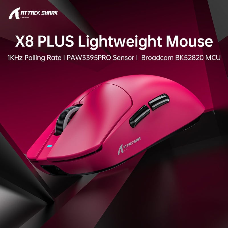 MAMBASNAKE Attack Shark X8PLUS Wireless Gaming Mouse, PixArt PAW3395PRO Sensor, 40000 DPI, Bluetooth/2.4GHz/Wired, Ultra-Light 55g, Dual-Layer PTFE Legs, for PC/Xbox/Mac (Berry Red) - Image 3