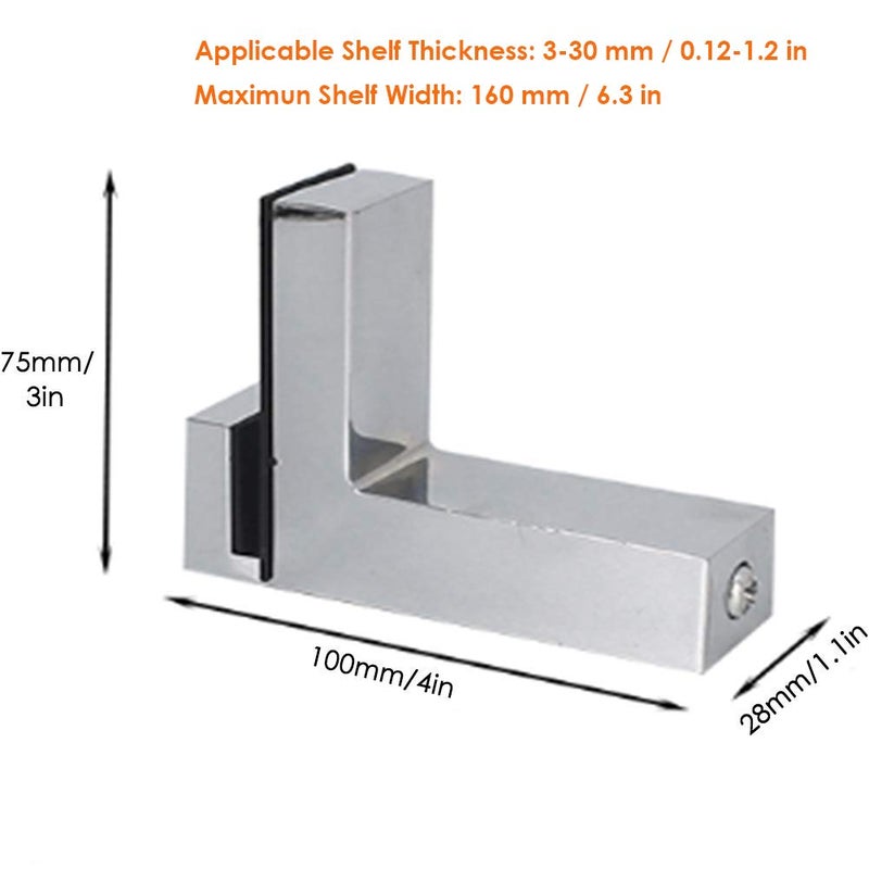 Tiberham Adjustable Wood/Glass Shelf Bracket, Tiberham Zinc Alloy Polished Chrome Shelf Support Clamp Corner Brace for 3-30mm Thickness Shelf, Wall Mounted Glass Support Clip Wood Holder (Pack of 2) - Image 2